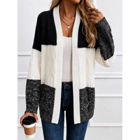 Colour block cardigan styled open over a tee